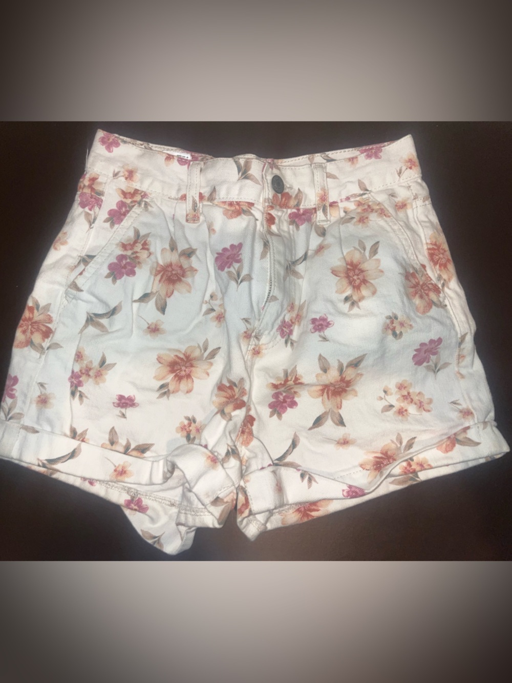 American Eagle Outfitters White Floral Denim Shorts with Pink & Peach Blooms